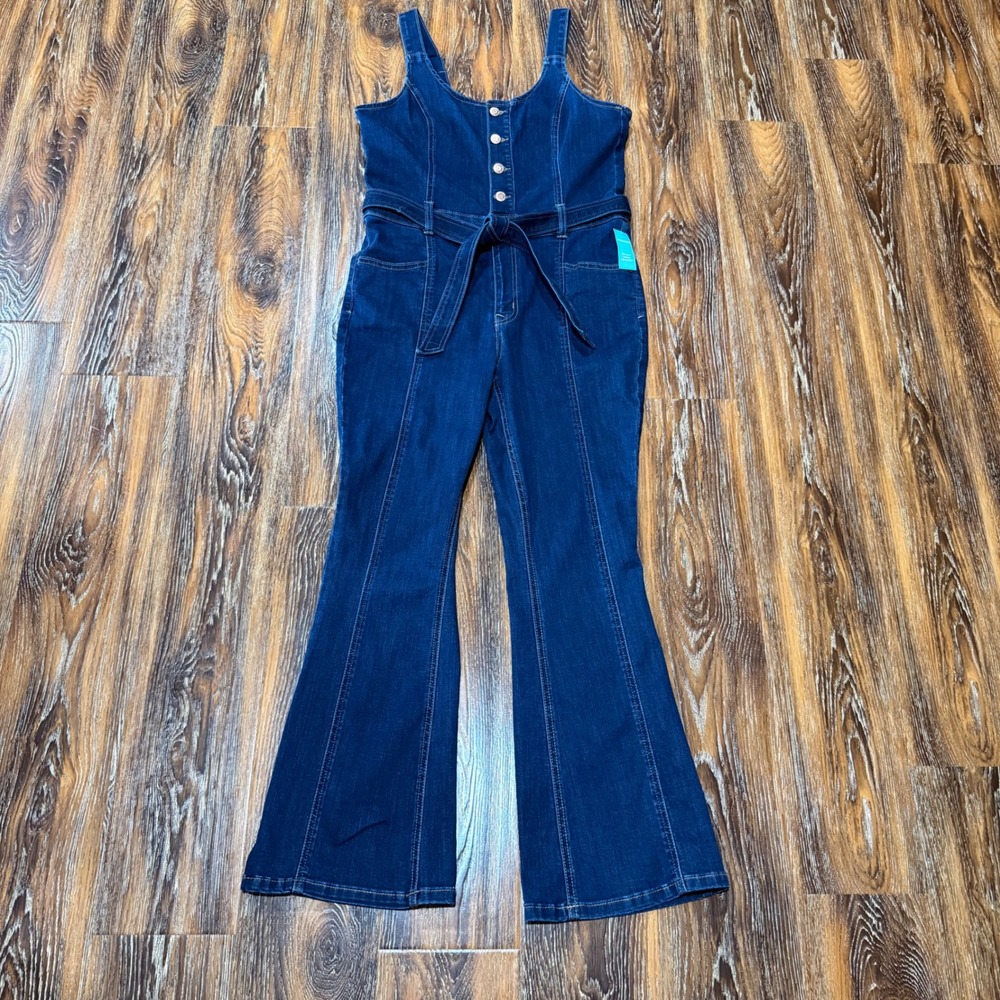 NWT Maurices Womens 12 Short‎ Dark Wash Denim Flare Leg Jumpsuit Overalls L NEW